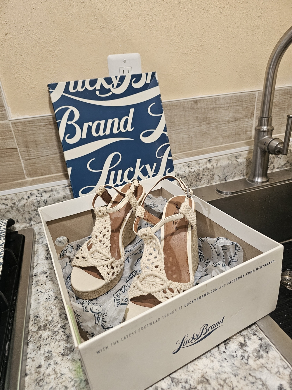 Lucky Brand Cream Crochet Espadrille Wedge Sandals